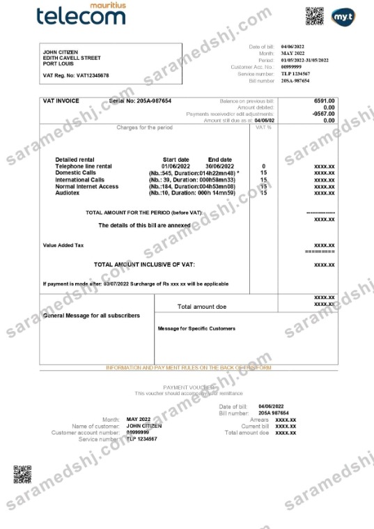 Mauritius Telecom Mauritius utility bill template in Word and PDF format